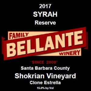 2017 Syrah Reserve, Shokrian Vineyard – clone Estrella – 91 pts Wine Enthusiast, OC Fair Silver Medal