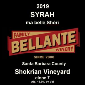2019 Syrah ma belle Sheri, Shokrian Vineyard – clone 7 – Wine Enthusiast 93 points Cellar Selection, OC Fair Gold Medal 92 points